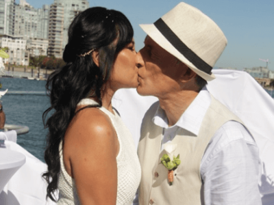 The happy couple share a moment together.